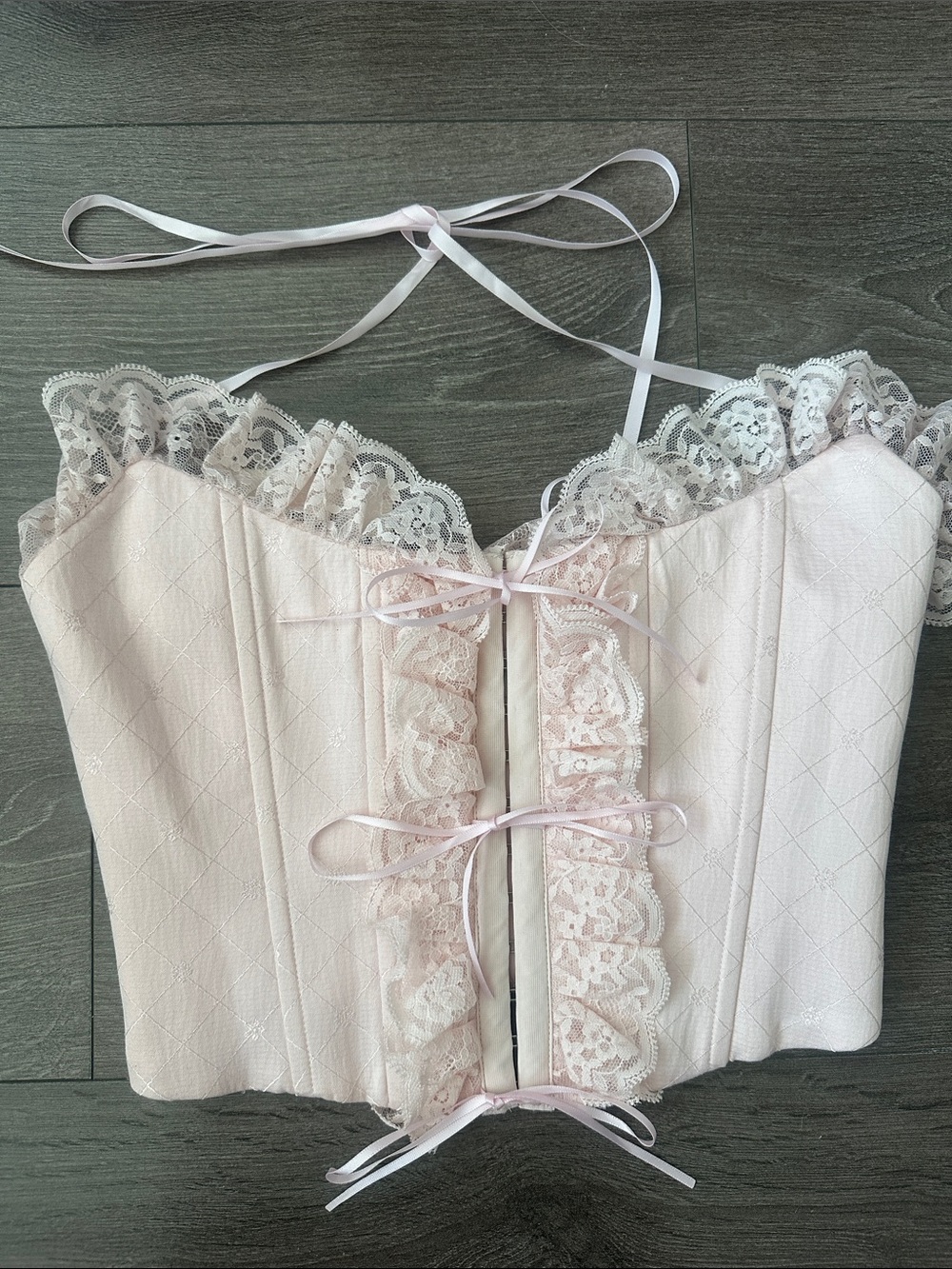 Danielle Guizio Eris Pale Pink Lace Ribbon Corset Crop Top Bustier